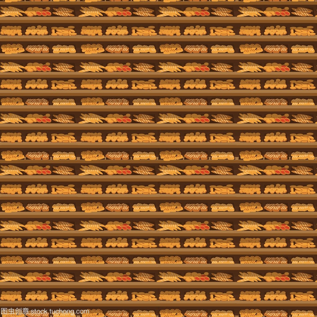 無(wú)縫模式面包店貨架里超市,大選擇的新鮮產(chǎn)品的銷售在食品商店內(nèi)部,商店矢量插圖配面包